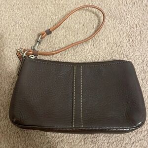 Coach Brown Pebbled Leather Wristlet with Light Brown Accents and Contrast l